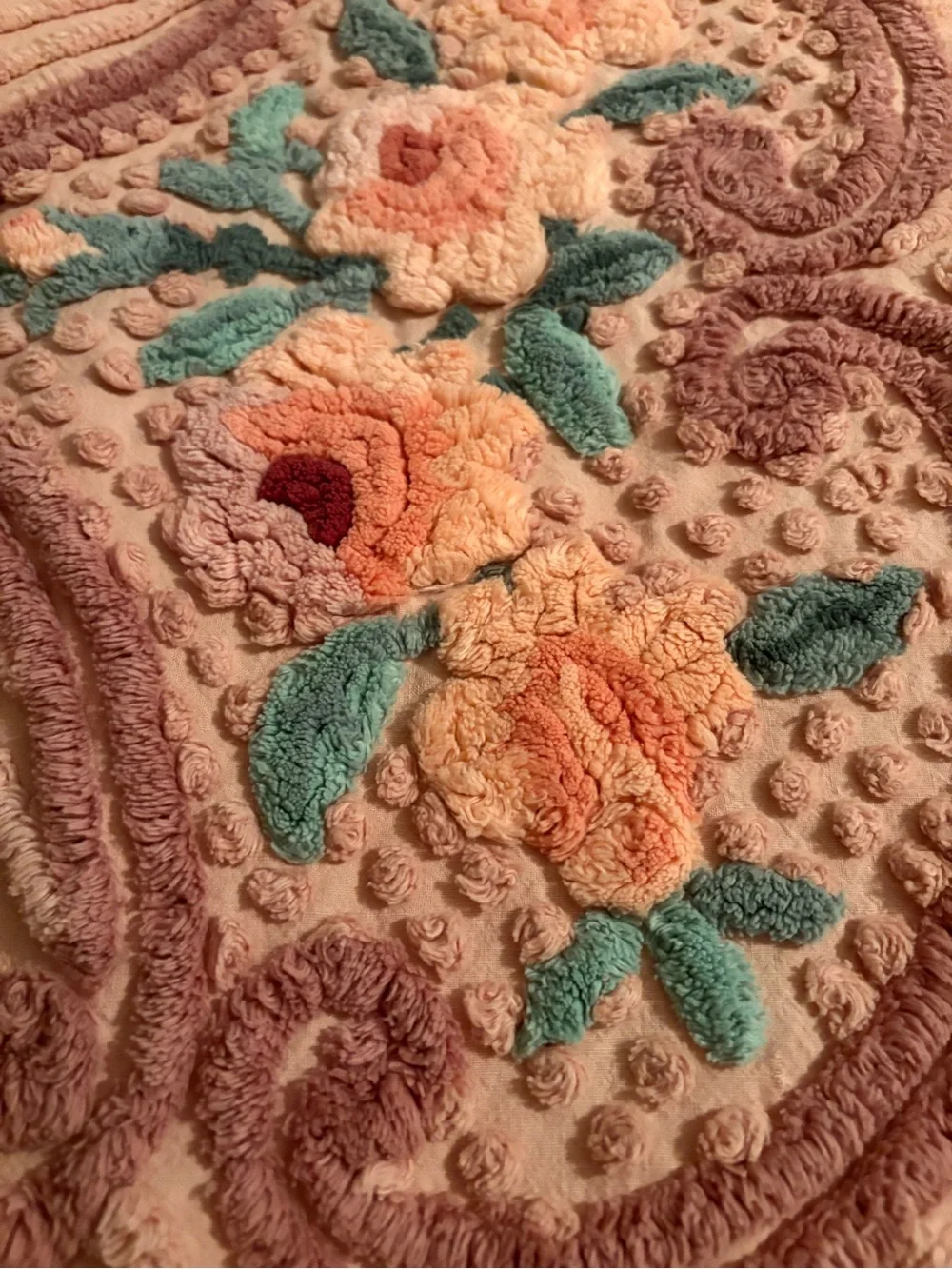 Rare Vintage Retrac Chenille Pair of Bedspreads Peach Floral Scrollwork